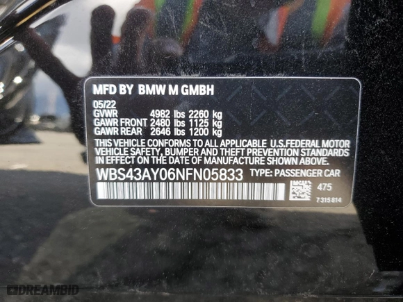 2022 BMW M3 Competition xDrive with VIN WBS43AY06NFN05833, listed as a Copart auction lot 70430762 with 2,480 mi miles. Bid and sale history available at carsss.com. Image 13.