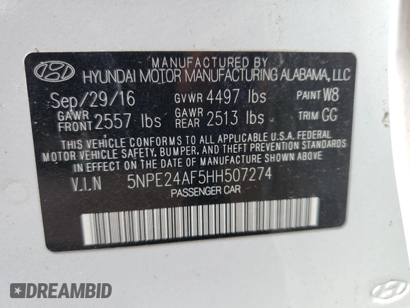 2017 Hyundai Sonata 2.4L with VIN 5NPE24AF5HH507274, listed as a Copart auction lot 53909645 with 150,149 mi miles and Clean Title. Bid and sale history available at carsss.com. Image 12.