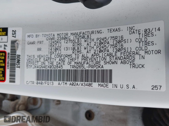 2014 Toyota Tacoma PreRunner with VIN 5TFJX4GN4EX032845, listed as a IAAI auction lot 41915723 with 163,978 mi miles and . Bid and sale history available at DreamBid. Image 9.