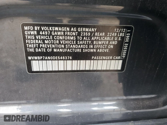 2013 Volkswagen CC Sport with VIN WVWBP7AN0DE546376, listed as a Copart auction lot 47592825 with 118,683 mi miles and Salvage Title. Bid and sale history available at carsss.com. Image 14.