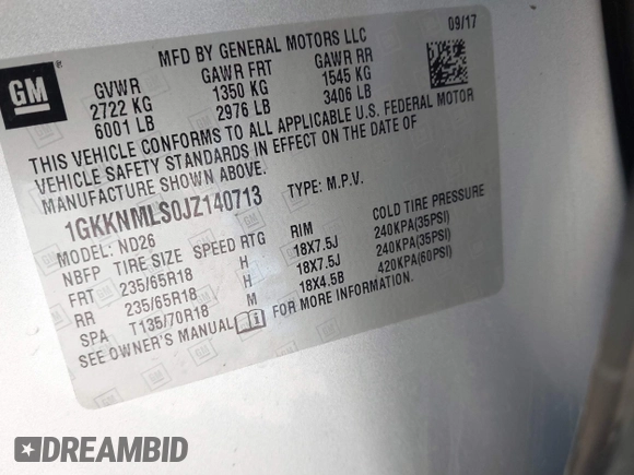 2018 GMC Acadia SLT z VIN 1GKKNMLS0JZ140713, wystawiony jako IAAI lot #41672689 z przebiegiem 142 001 mil mil oraz . Historia ofert i sprzedaży dostępna na DreamBid. Obrazek 9.