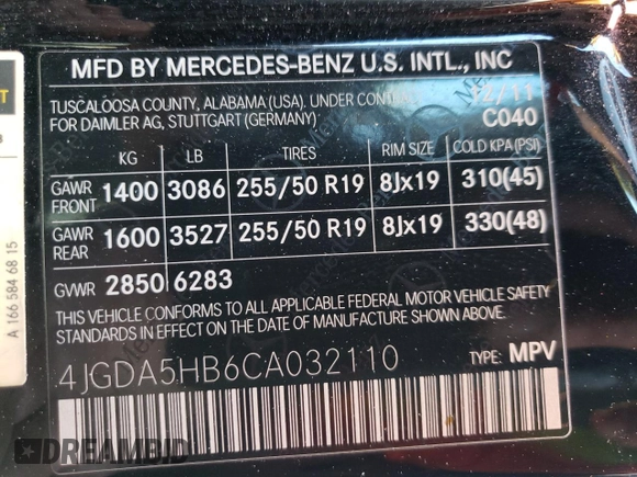 2012 Mercedes-Benz M ML 350 with VIN 4JGDA5HB6CA032110, listed as a Copart auction lot 52873745 with 167,825 mi miles and Salvage Title. Bid and sale history available at carsss.com. Image 13.