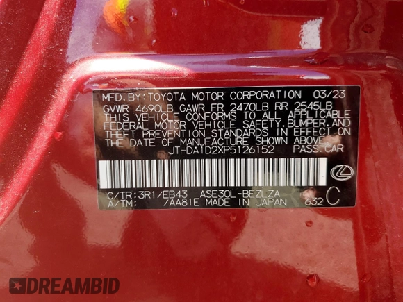 2023 Lexus IS 300 с VIN JTHDA1D2XP5126152, выставлен на аукционе Copart как лот 58768545 с пробегом Не указан миль и На запчасти • Non repairable. История ставок и продаж доступна на DreamBid. Изображение 13.