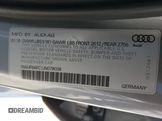 2018 Audi A6 Premium with VIN WAUF8AFC1JN078038, listed as a Copart auction lot 43490873 with 39,316 mi miles. Bid and sale history available at carsss.com. Image 15.