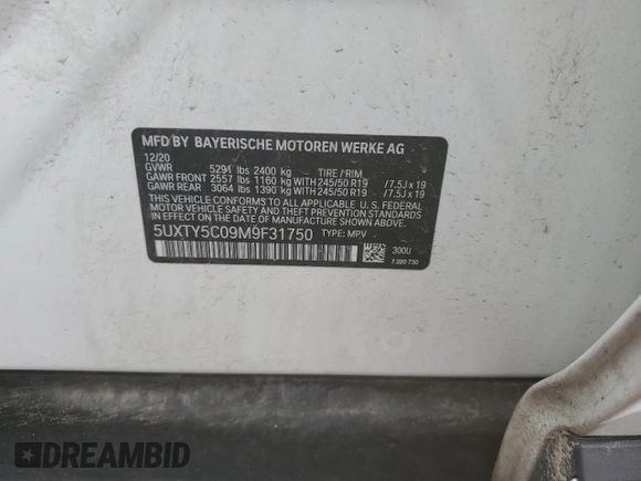 2021 BMW X3 xDrive30i with VIN 5UXTY5C09M9F31750, listed as a Copart auction lot 54862494 with 39,511 mi miles and Salvage Title. Bid and sale history available at DreamBid. Image 12.