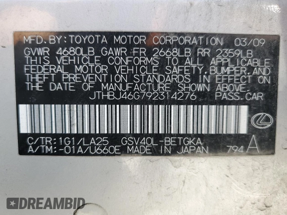 2009 Lexus ES with VIN JTHBJ46G792314276, listed as a Copart auction lot 54733945 with 185,305 mi miles and Clean Title. Bid and sale history available at carsss.com. Image 12.