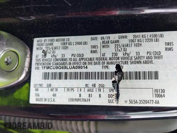 2020 Ford Escape SE with VIN 1FMCU9G69LUA09014, listed as a IAAI auction lot 42208056 with 135,334 mi miles and . Bid and sale history available at DreamBid. Image 9.