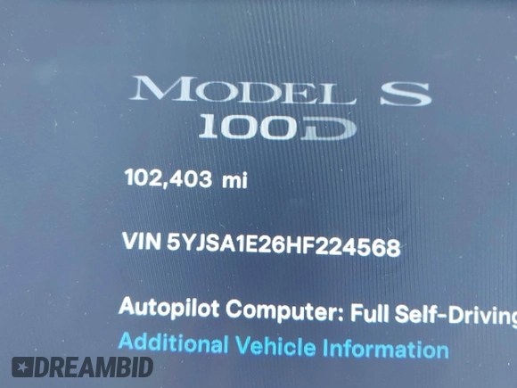 2017 Tesla Model S 100D with VIN 5YJSA1E26HF224568, listed as a IAAI auction lot 42140201 with 102,403 mi miles. Bid and sale history available at carsss.com. Image 7.