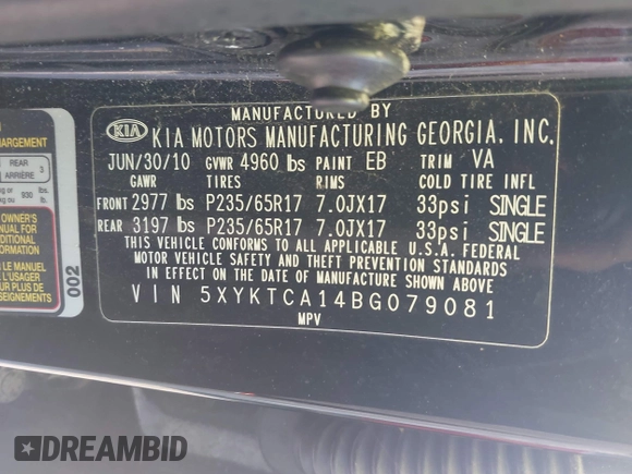 2011 Kia Sorento LX with VIN 5XYKTCA14BG079081, listed as a IAAI auction lot 42159278 with 224,639 mi miles. Bid and sale history available at carsss.com. Image 9.