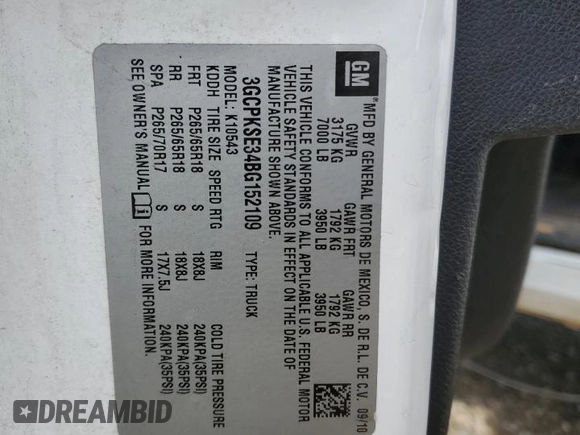2011 Chevrolet Silverado 1500 LT with VIN 3GCPKSE34BG152109, listed as a Copart auction lot 50259545 with 248,142 mi miles and Salvage Title. Bid and sale history available at DreamBid. Image 14.