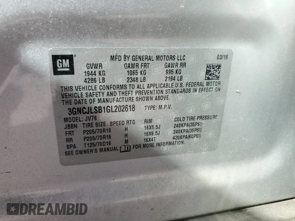 2016 Chevrolet Trax LT z VIN 3GNCJLSB1GL202618, wystawiony jako Copart lot #50029245 z przebiegiem 112 115 mil mil oraz Czysty tytuł • Clean title. Historia ofert i sprzedaży dostępna na DreamBid. Obrazek 13.