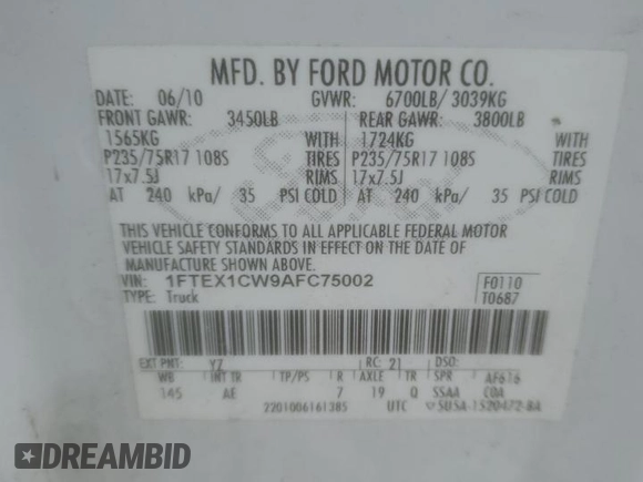 2010 Ford F-150 XL with VIN 1FTEX1CW9AFC75002, listed as a Copart auction lot 45695925 with 175,102 mi miles and Salvage Title. Bid and sale history available at carsss.com. Image 12.