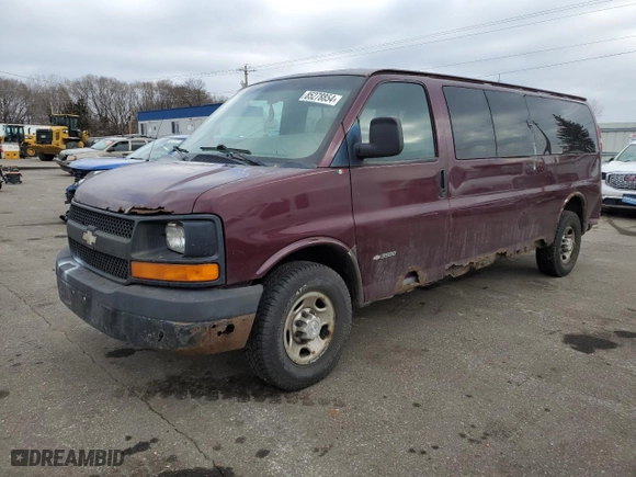 2003 Chevrolet Express Passenger with VIN 1GAHG39U931103320, listed as a Copart auction lot 85278854 with 264,444 mi miles and Salvage Title. Bid and sale history available at carsss.com. Image 1.