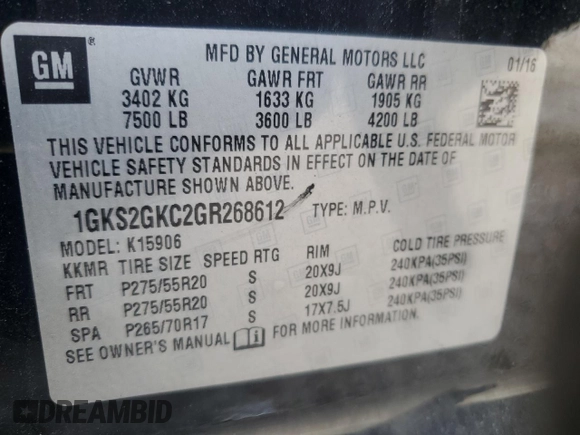 2016 GMC Yukon XL SLT with VIN 1GKS2GKC2GR268612, listed as a Copart auction lot 66408004 with 155,745 mi miles and Salvage Title. Bid and sale history available at carsss.com. Image 13.