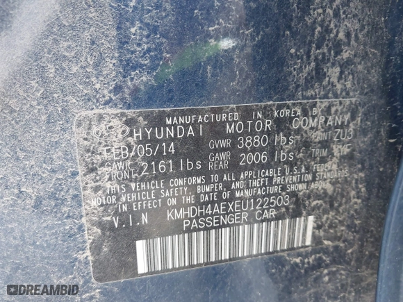 2014 Hyundai Elantra SE with VIN KMHDH4AEXEU122503, listed as a IAAI auction lot 42023525 with 1 mi miles. Bid and sale history available at carsss.com. Image 9.