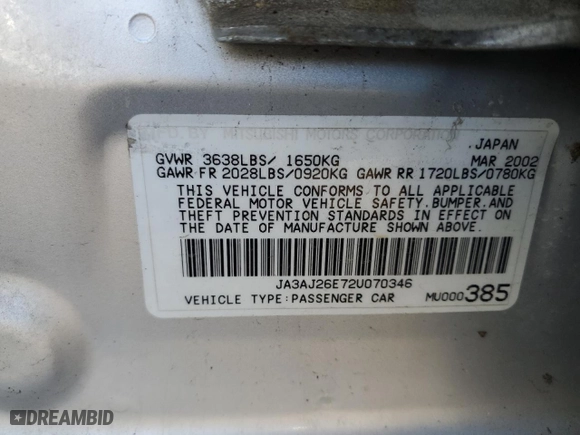 2002 Mitsubishi Lancer ES with VIN JA3AJ26E72U070346, listed as a Copart auction lot 70280254 with 168,260 mi miles and Salvage Title. Bid and sale history available at carsss.com. Image 12.