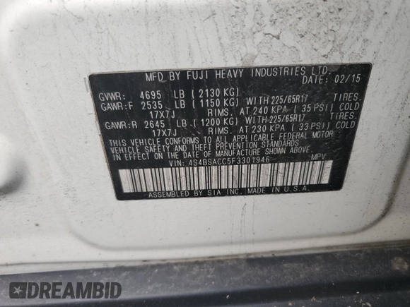 2015 Subaru Outback Premium with VIN 4S4BSACC5F3301946, listed as a Copart auction lot 57684565 with 292,892 mi miles and Salvage title. Bid and sale history available at DreamBid. Image 13.