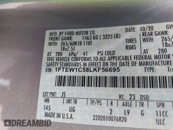 2020 Ford F-150 XL with VIN 1FTEW1C58LKF56695, listed as a IAAI auction lot 42205390 with 71,057 mi miles and . Bid and sale history available at DreamBid. Image 9.