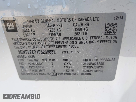 2015 Chevrolet Equinox LT with VIN 2GNFLFE31F6239832, listed as a IAAI auction lot 37606882 with 94,662 mi miles and . Bid and sale history available at DreamBid. Image 9.