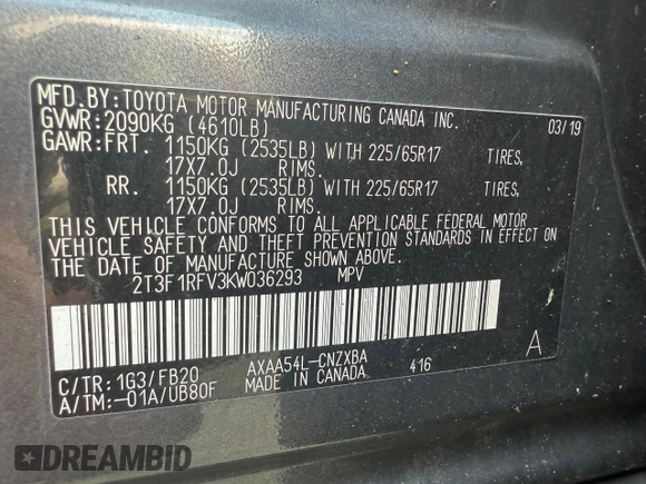 2019 Toyota RAV4 LE with VIN 2T3F1RFV3KW036293, listed as a Copart auction lot 65274055 with 170,563 mi miles and Clean title. Bid and sale history available at DreamBid. Image 10.