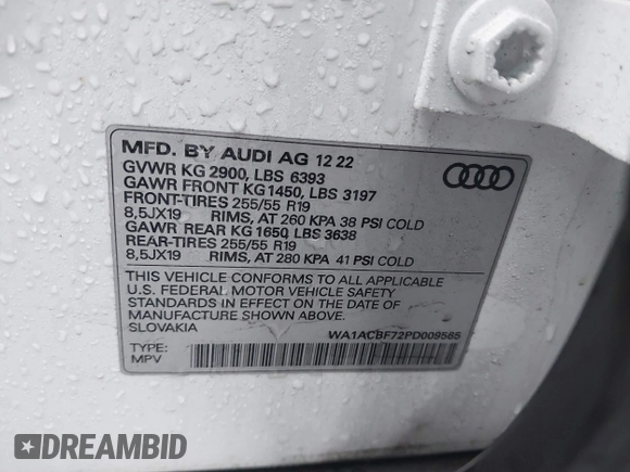 2023 Audi Q7 Premium with VIN WA1ACBF72PD009565, listed as a IAAI auction lot 41022701 with 20,558 mi miles and . Bid and sale history available at DreamBid. Image 9.