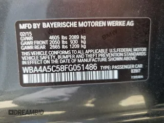 2015 BMW 4 Series 428i with VIN WBA4A5C58FG051486, listed as a Copart auction lot 50435795 with 91,286 mi miles and Salvage Title. Bid and sale history available at DreamBid. Image 13.