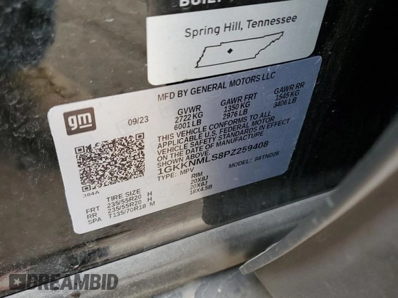 2023 GMC Acadia SLT with VIN 1GKKNMLS8PZ259408, listed as a Copart auction lot 78715184 with 16,528 mi miles and Non Repairable. Bid and sale history available at DreamBid. Image 13.