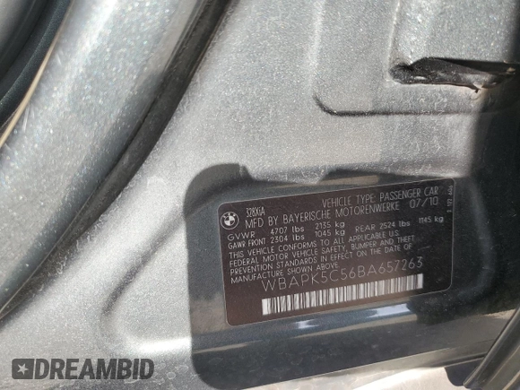 2011 BMW 3 Series 328i xDrive with VIN WBAPK5C56BA657263, listed as a Copart auction lot 55176965 with Not Provided miles and Salvage Title. Bid and sale history available at DreamBid. Image 12.