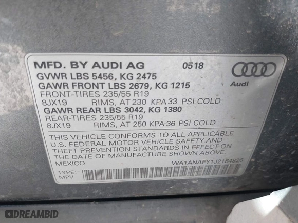 2018 Audi Q5 Premium with VIN WA1ANAFY1J2184826, listed as a IAAI auction lot 41681537 with 106,826 mi miles. Bid and sale history available at carsss.com. Image 9.