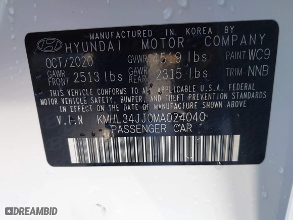 2021 Hyundai Sonata Hybrid SEL with VIN KMHL34JJ0MA024040, listed as a IAAI auction lot 41597221 with 54,891 mi miles. Bid and sale history available at carsss.com. Image 9.
