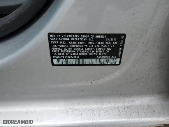 2013 Volkswagen Passat TDI SE w/Sunroof with VIN 1VWBN7A31DC042934, listed as a Copart auction lot 54205055 with 174,480 mi miles and Clean Title. Bid and sale history available at carsss.com. Image 12.