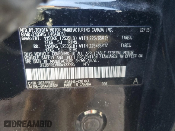2016 Toyota RAV4 LE with VIN 2T3BFREV8GW433295, listed as a Copart auction lot 53089495 with 127,670 mi miles and Salvage Title. Bid and sale history available at DreamBid. Image 13.