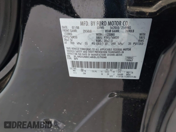 2008 Lincoln MKX with VIN 2LMDU88C48BJ37696, listed as a IAAI auction lot 42204268 with 64,460 mi miles and . Bid and sale history available at DreamBid. Image 9.