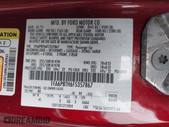2015 Ford Mustang EcoBoost with VIN 1FA6P8TH6F5357867, listed as a IAAI auction lot 42011136 with 58,099 mi miles and . Bid and sale history available at carsss.com. Image 9.
