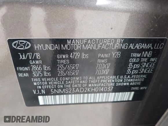 2019 Hyundai Santa Fe SE z VIN 5NMS23AD2KH014037, wystawiony jako IAAI lot #42110778 z przebiegiem 48 975 mil mil oraz . Historia ofert i sprzedaży dostępna na DreamBid. Obrazek 9.