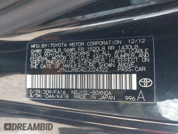 2013 Scion iQ with VIN JTNJJXB04DJ024322, listed as a IAAI auction lot 42618525 with 154,559 mi miles and . Bid and sale history available at DreamBid. Image 9.
