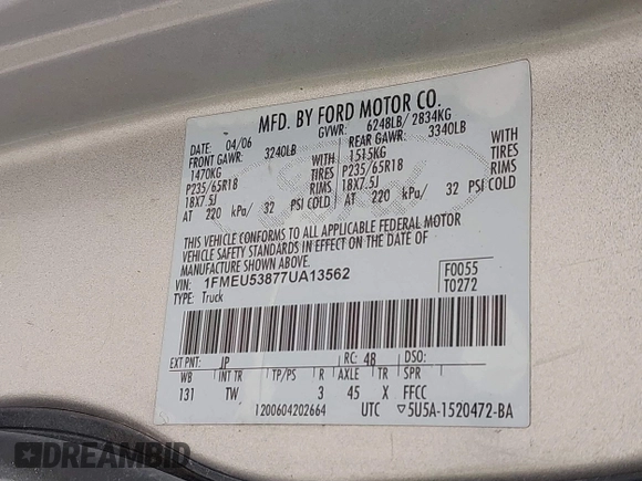 2007 Ford Explorer Sport Trac Limited с VIN 1FMEU53877UA13562, выставлен на аукционе IAAI как лот 42796600 с пробегом 221 779 миль миль и . История ставок и продаж доступна на DreamBid. Изображение 9.