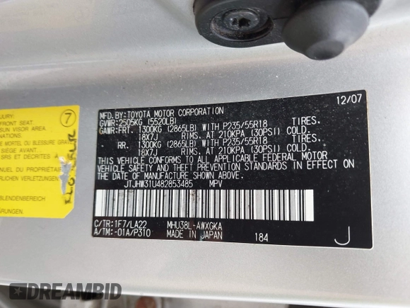 2008 Lexus RX 400h with VIN JTJHW31U482853485, listed as a IAAI auction lot 42145051 with 199,230 mi miles and . Bid and sale history available at DreamBid. Image 9.