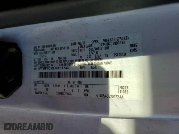 2018 Ford F-150 XL with VIN 1FTMF1C5XJKE11733, listed as a Copart auction lot 86049854 with 229,238 mi miles and Clean title. Bid and sale history available at DreamBid. Image 12.