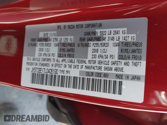 2020 Mazda CX-9 Signature with VIN JM3TCBEY7L0406190, listed as a IAAI auction lot 42397660 with 55,007 mi miles and . Bid and sale history available at DreamBid. Image 9.
