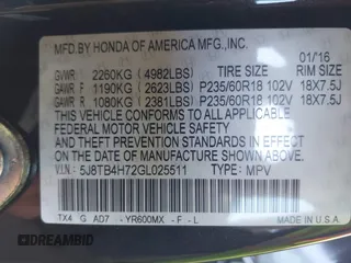2016 Acura RDX Advance Pkg with VIN 5J8TB4H72GL025511, listed as a IAAI auction lot 42051932 with 91,845 mi miles. Bid and sale history available at carsss.com. Image 9.