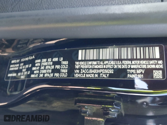 2017 Jeep Renegade Sport with VIN ZACCJBAB3HPE59292, listed as a IAAI auction lot 41931546 with 51,573 mi miles and . Bid and sale history available at carsss.com. Image 9.