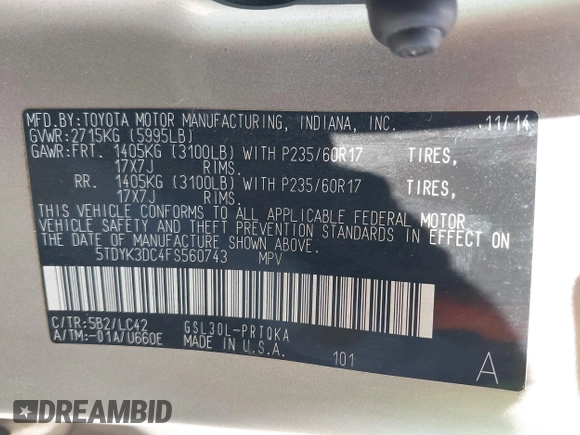 2015 Toyota Sienna XLE with VIN 5TDYK3DC4FS560743, listed as a IAAI auction lot 42488745 with 145,009 mi miles and . Bid and sale history available at DreamBid. Image 9.
