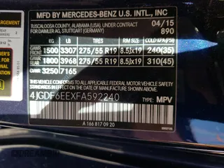 2015 Mercedes-Benz GL-Class GL 450 with VIN 4JGDF6EEXFA592240, listed as a Copart auction lot 62191362 with 32,140 mi miles. Bid and sale history available at carsss.com. Image 10.