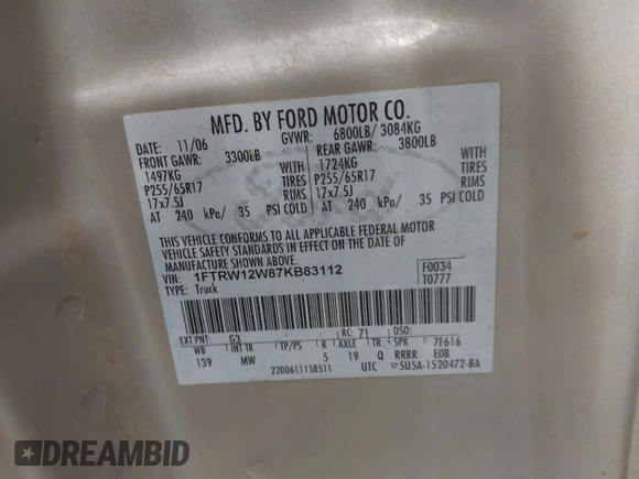 2007 Ford F-150 XLT with VIN 1FTRW12W87KB83112, listed as a IAAI auction lot 42660263 with 234,540 mi miles and . Bid and sale history available at DreamBid. Image 9.
