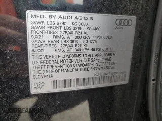 2015 Audi Q7 Premium Plus z VIN WA1LGAFE4FD020958, wystawiony jako Copart lot #60731645 z przebiegiem 105 978 mil mil oraz Szkoda całkowita • Salvage title. Historia ofert i sprzedaży dostępna na DreamBid. Obrazek 14.