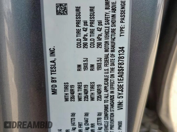 2025 Tesla Model 3 Long Range z VIN 5YJ3E1EA0SF878134, wystawiony jako Copart lot #59854975 z przebiegiem Nie podano mil oraz Szkoda całkowita • Salvage title. Historia ofert i sprzedaży dostępna na DreamBid. Obrazek 12.