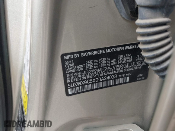 2013 BMW X3 xDrive28i with VIN 5UXWX9C5XD0A24038, listed as a IAAI auction lot 41909787 with 82,857 mi miles and . Bid and sale history available at DreamBid. Image 9.