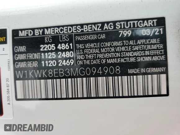 2021 Mercedes-Benz C 300 with VIN W1KWK8EB3MG094908, listed as a Copart auction lot 77884013 with Not Provided miles and . Bid and sale history available at DreamBid. Image 13.