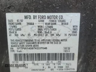 2007 Ford F-150 XLT with VIN 1FTPW14597KD37046, listed as a Copart auction lot 49862455 with Not Provided miles and Non Repairable. Bid and sale history available at DreamBid. Image 12.